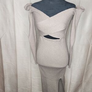 Elegant Off-Shoulder Sweater Beige Dress